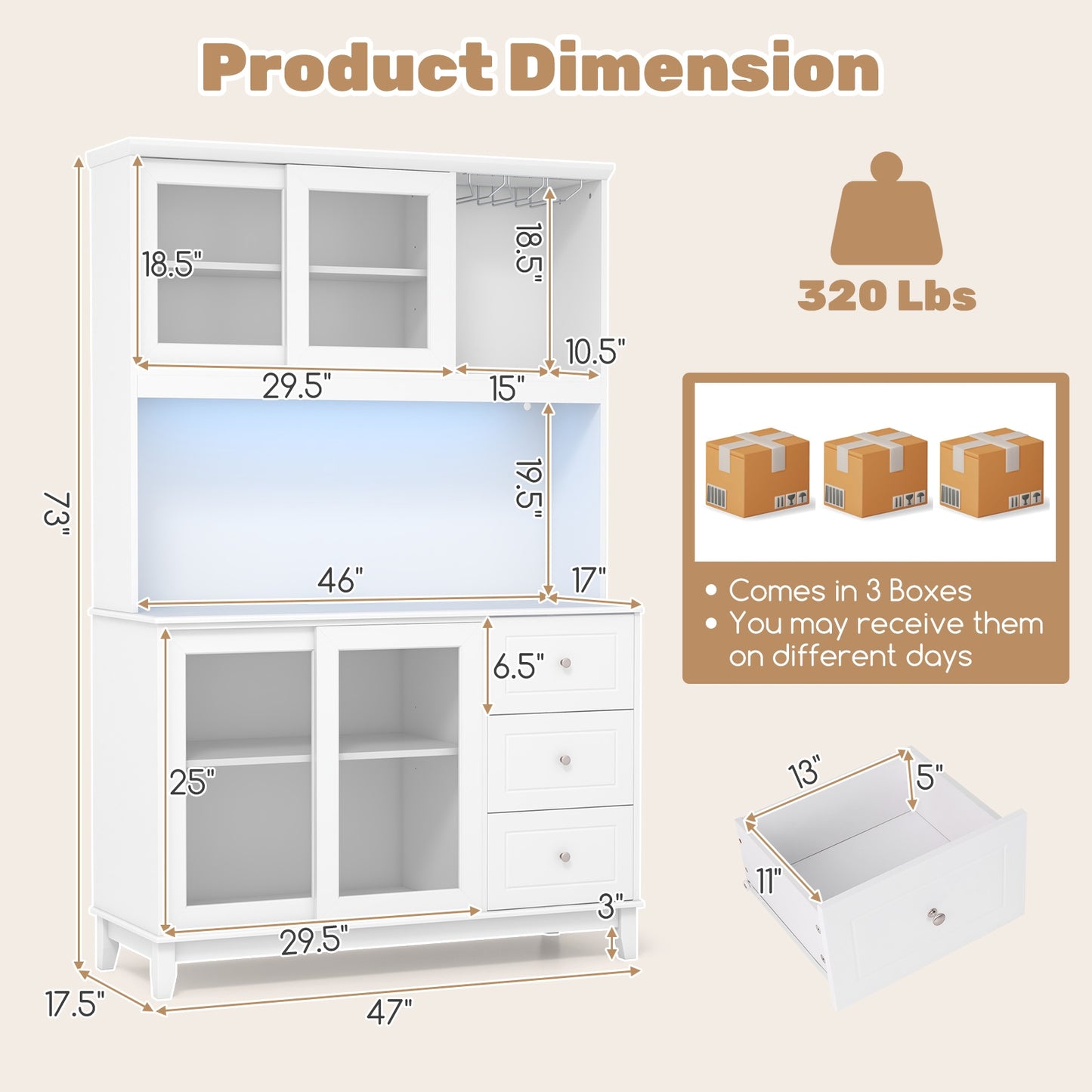 Kitchen Pantry Cabinet with LED Lights and Power Outlets, Freestanding Storage Hutch in White