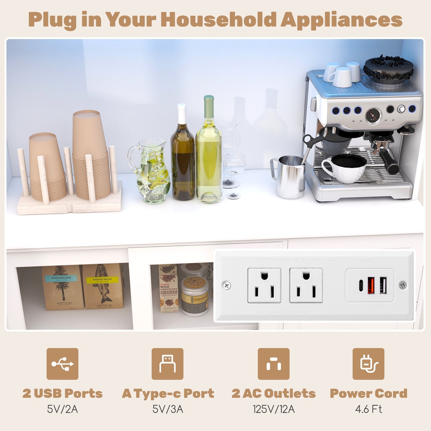 Kitchen Pantry Cabinet with LED Lights and Power Outlets, Freestanding Storage Hutch in White