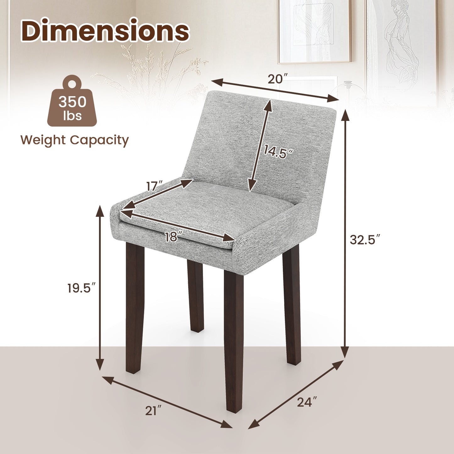 Upholstered Fabric Accent Dining Chairs with Wood Legs Set of 2