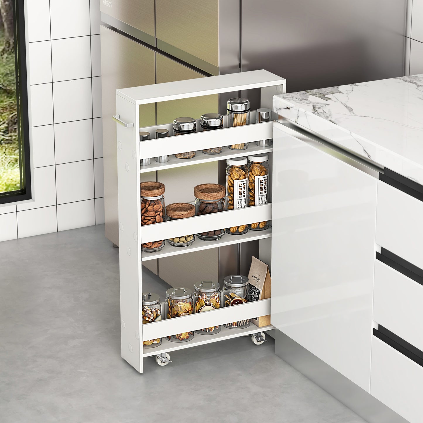 Slim Rolling Kitchen Storage Cart with Mobile Shelves and Handle - Off White