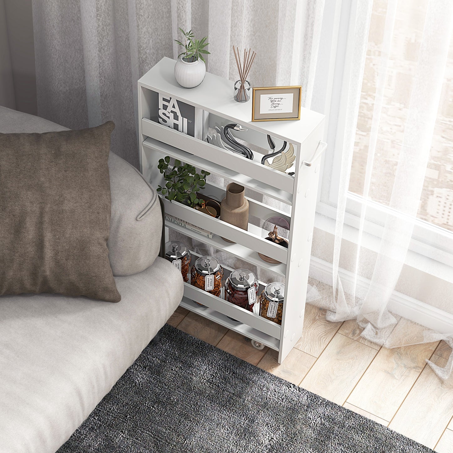 Slim Rolling Kitchen Storage Cart with Mobile Shelves and Handle - Off White