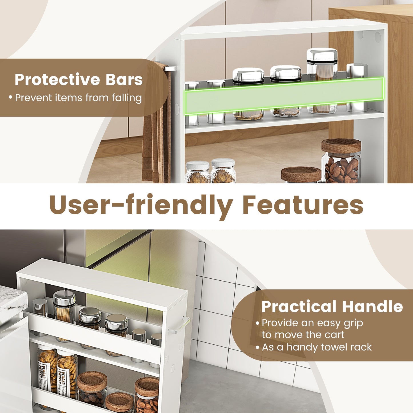 Slim Rolling Kitchen Storage Cart with Mobile Shelves and Handle - Off White