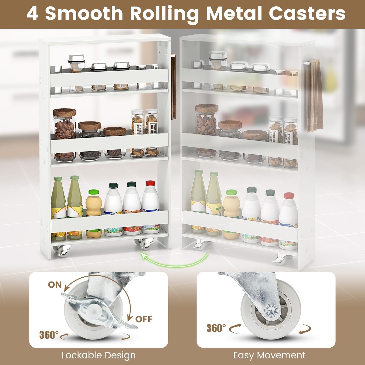 Slim Rolling Kitchen Storage Cart with Mobile Shelves and Handle - Off White