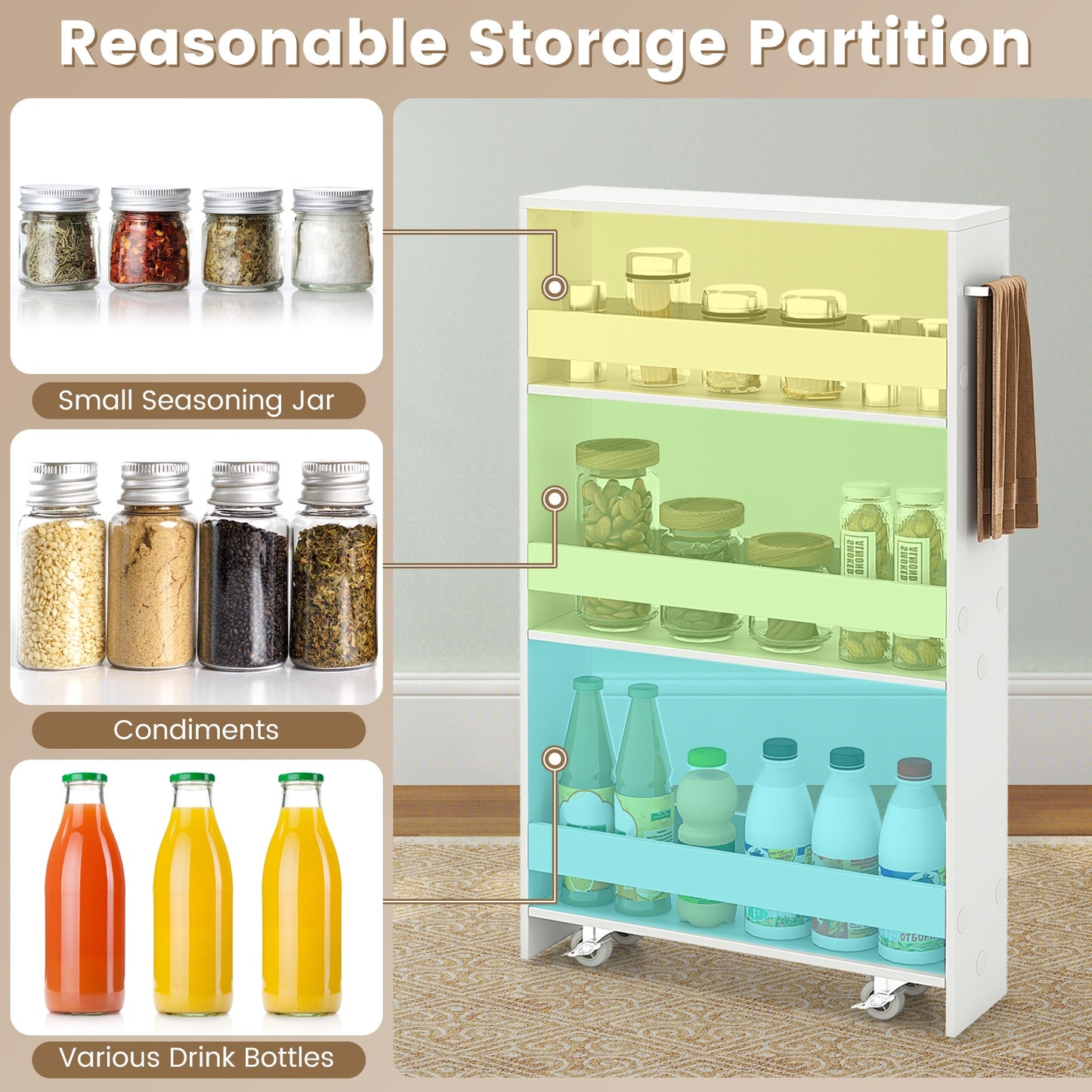 Slim Rolling Kitchen Storage Cart with Mobile Shelves and Handle - Off White