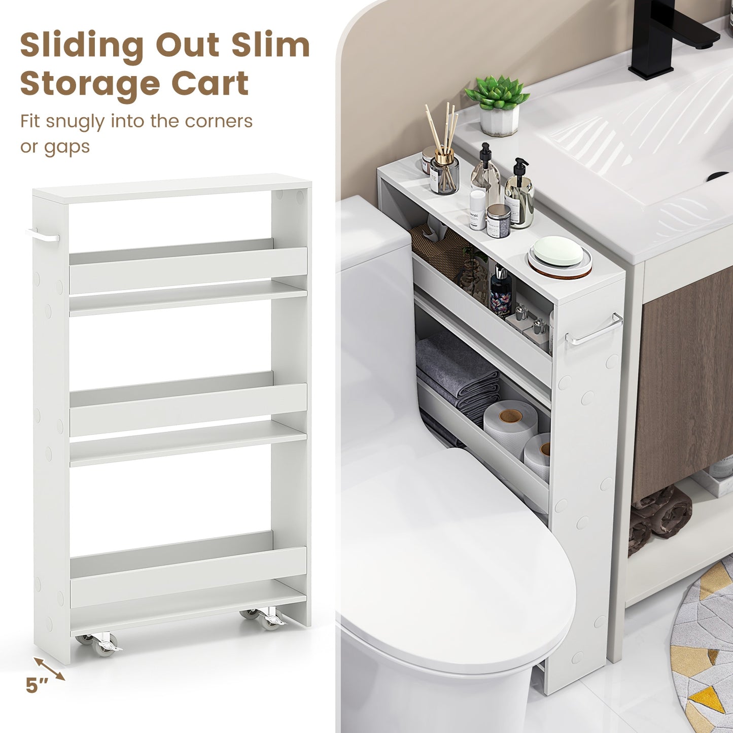 Slim Rolling Kitchen Storage Cart with Mobile Shelves and Handle - Off White