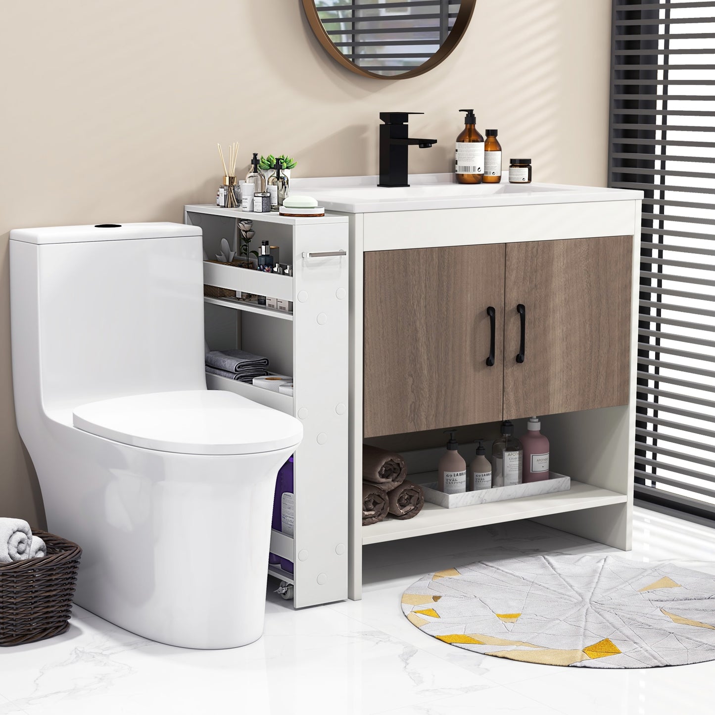 Slim Rolling Kitchen Storage Cart with Mobile Shelves and Handle - Off White
