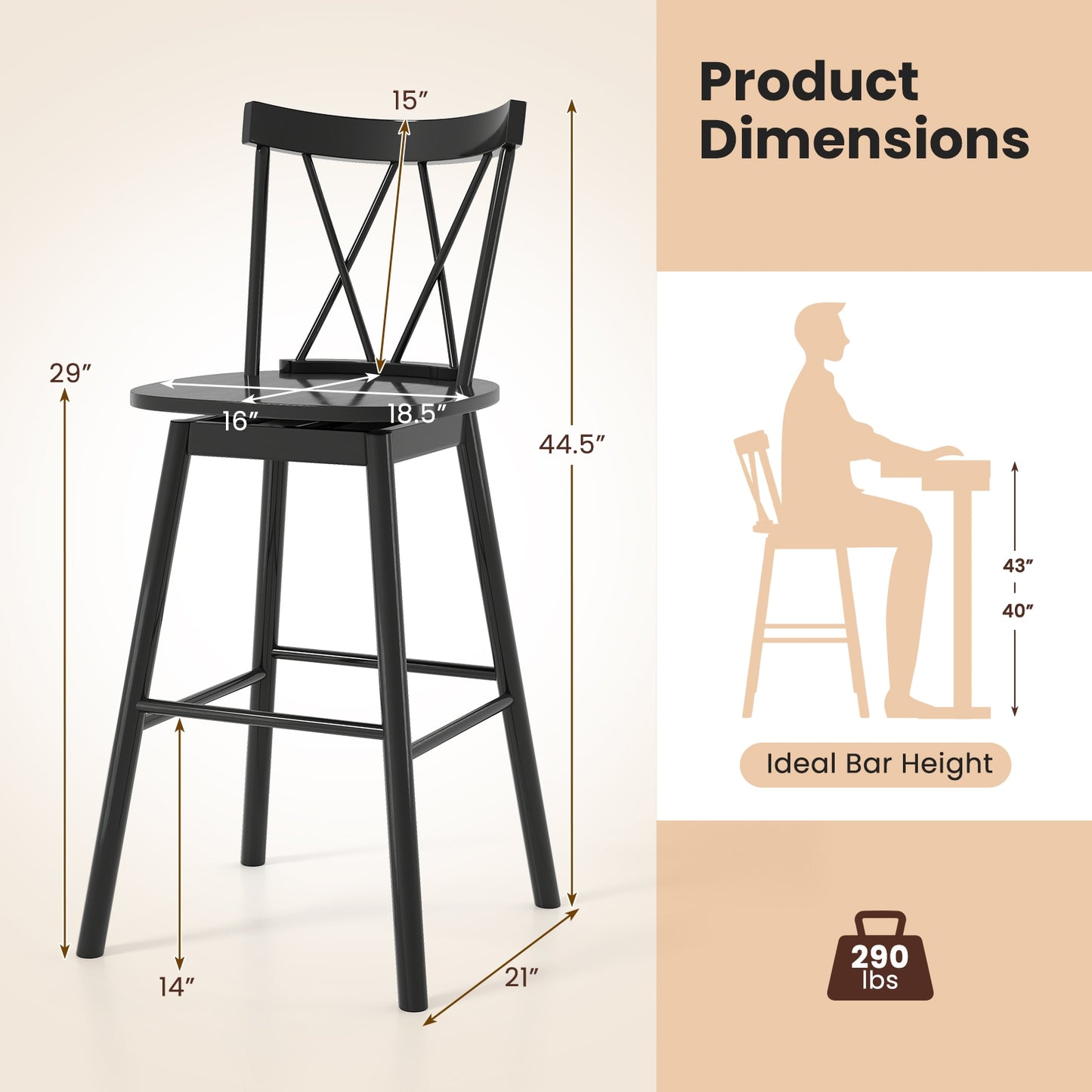 Windsor Bar Stools with Ergonomic Backrest and Footrests Set of 2 – 29 Inch