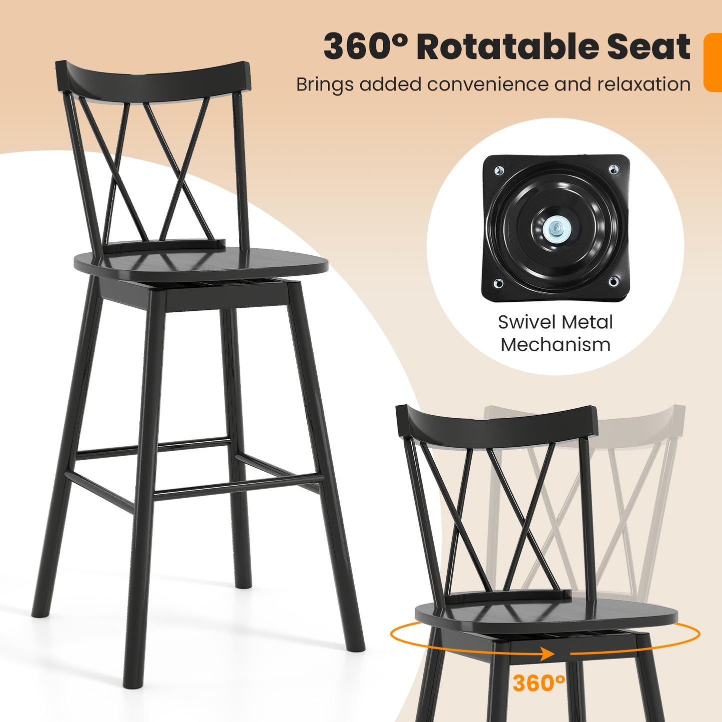 Windsor Bar Stools with Ergonomic Backrest and Footrests Set of 2 – 29 Inch