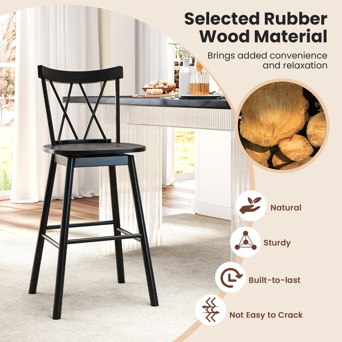 Windsor Bar Stools with Ergonomic Backrest and Footrests Set of 2 – 29 Inch