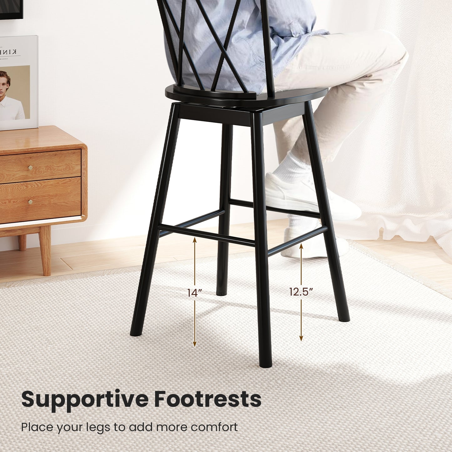 Windsor Bar Stools with Ergonomic Backrest and Footrests Set of 2 – 29 Inch
