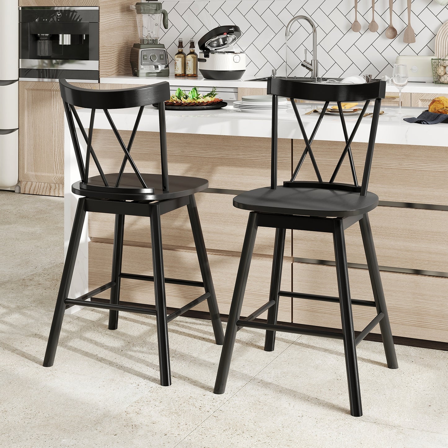 Windsor Bar Stools with Ergonomic Backrest and Footrests Set of 2 – 24 Inch