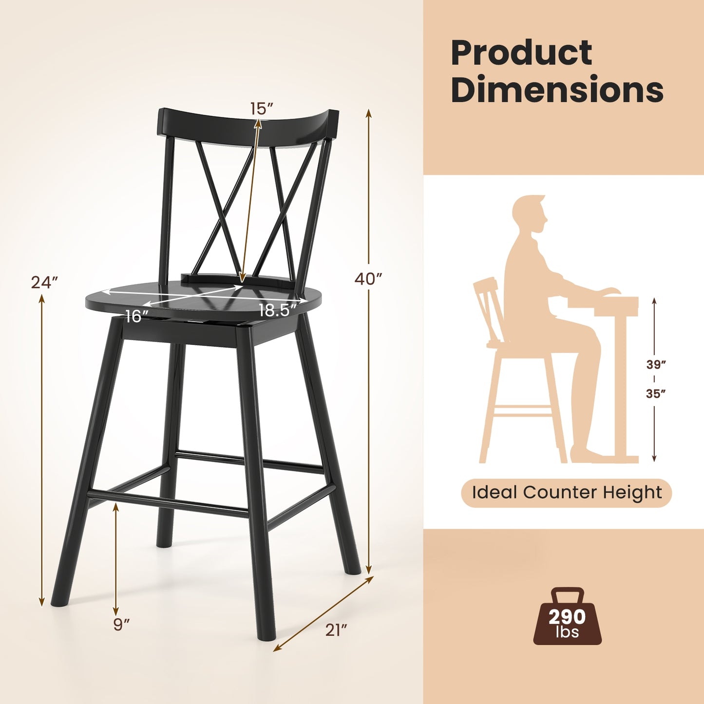 Windsor Bar Stools with Ergonomic Backrest and Footrests Set of 2 – 24 Inch