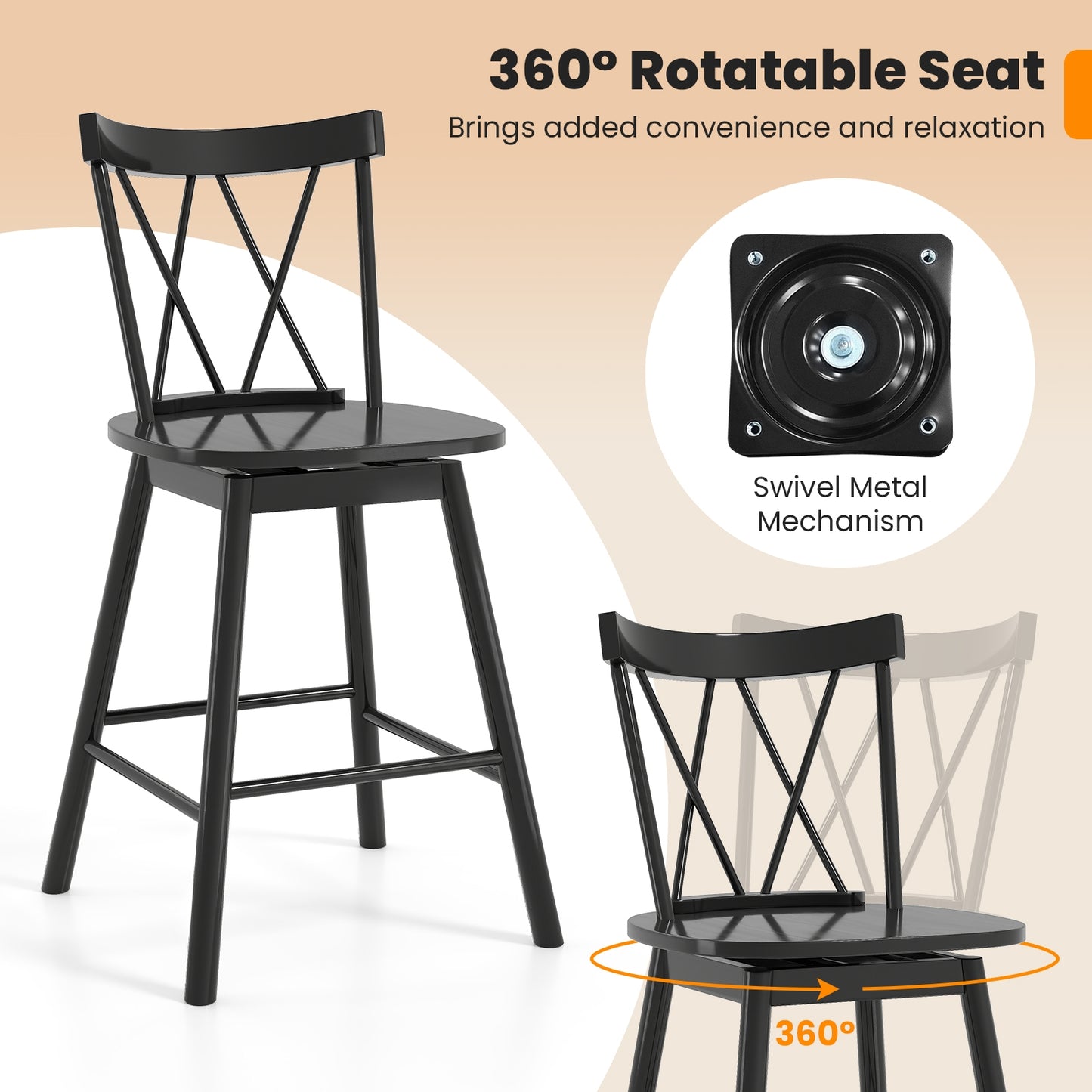 Windsor Bar Stools with Ergonomic Backrest and Footrests Set of 2 – 24 Inch