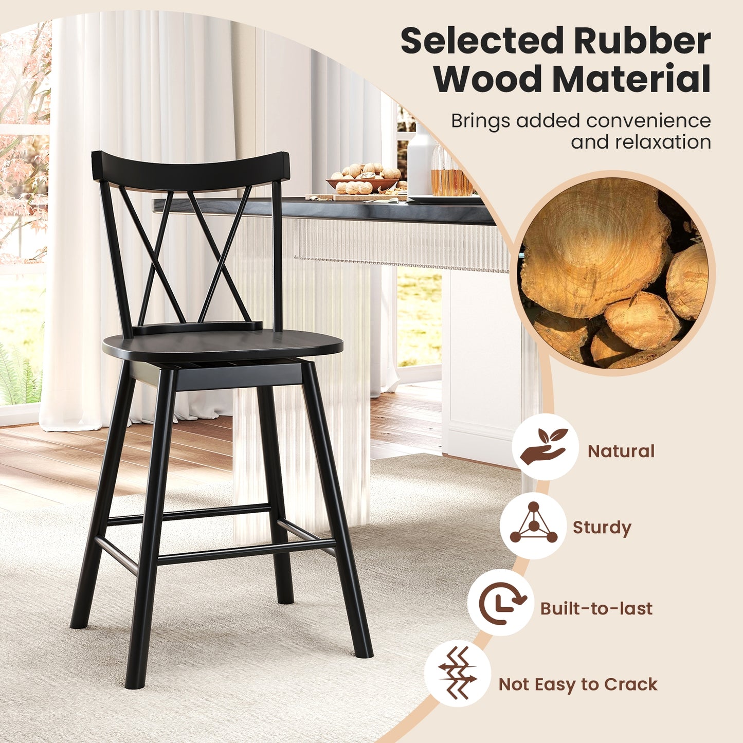 Windsor Bar Stools with Ergonomic Backrest and Footrests Set of 2 – 24 Inch