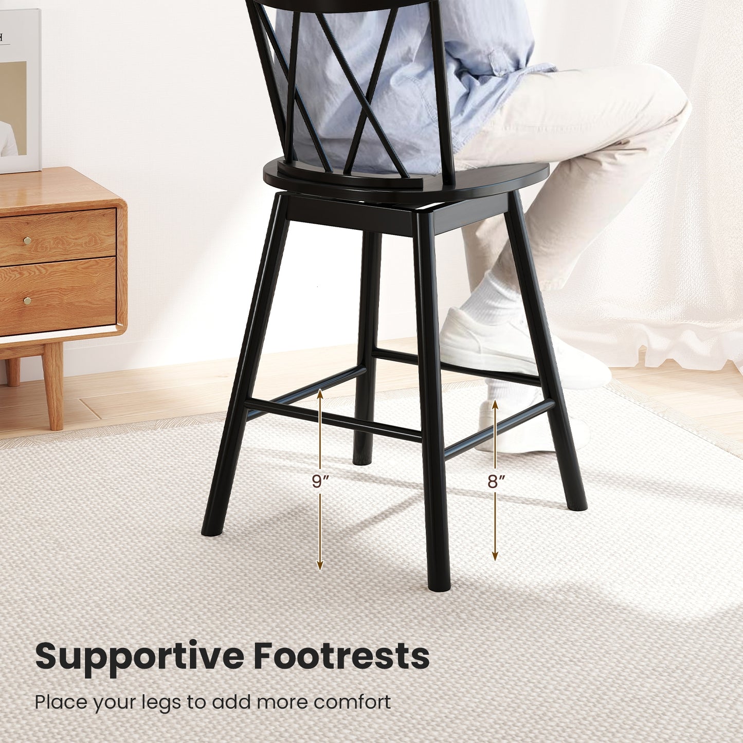 Windsor Bar Stools with Ergonomic Backrest and Footrests Set of 2 – 24 Inch