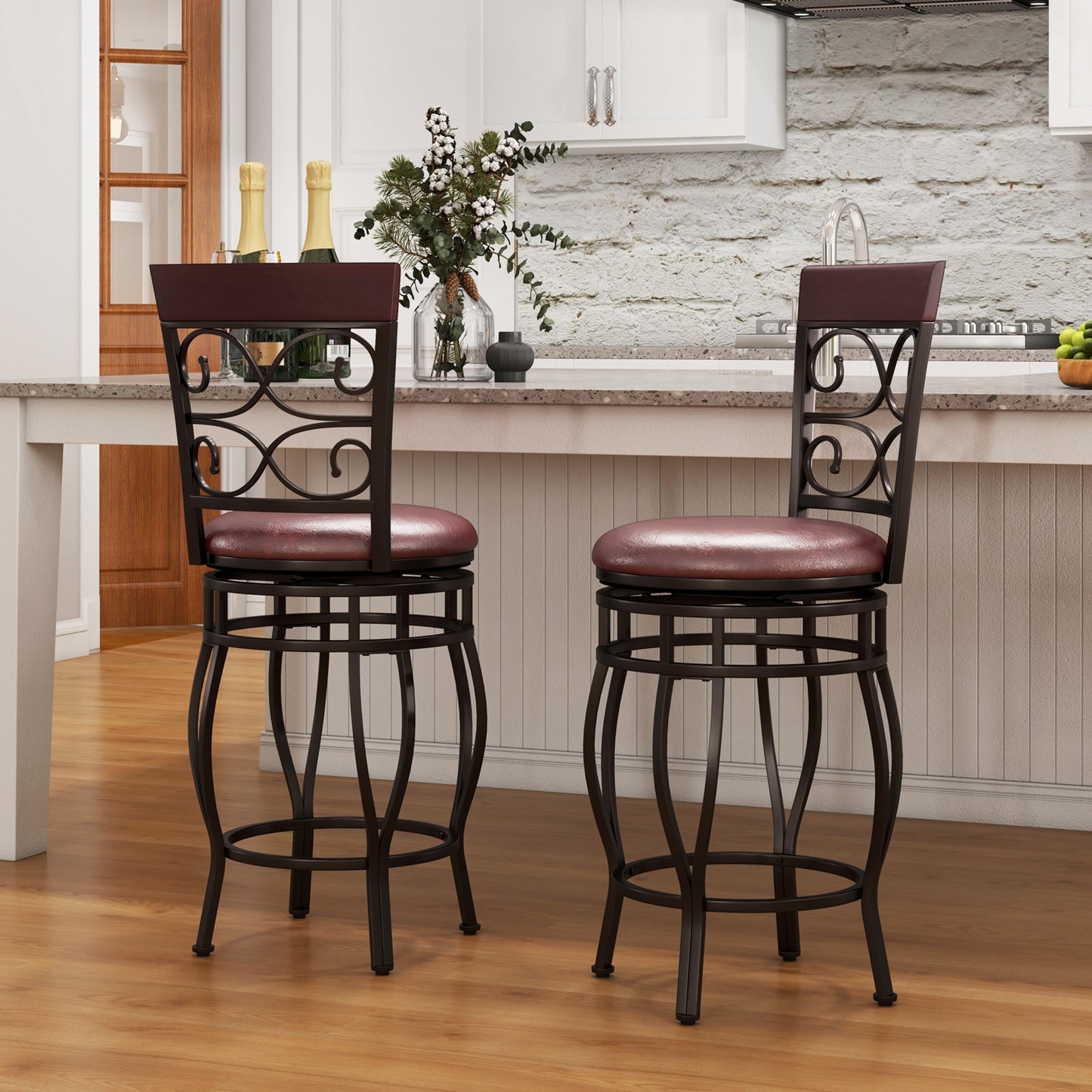 26 Inch Swivel Bar Stools with Backrest and Footrest for Kitchen and Home Bar Set of 2 Brown