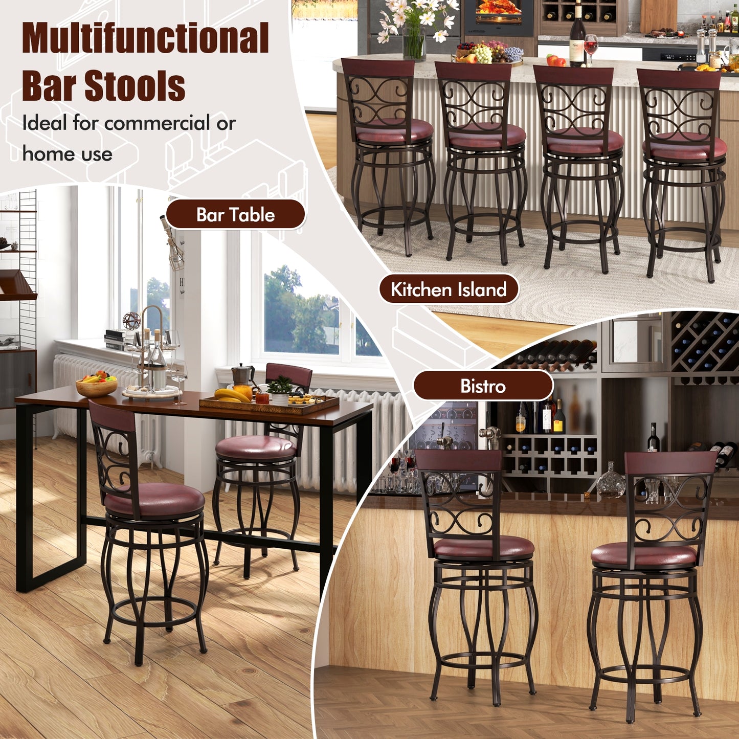 26 Inch Swivel Bar Stools with Backrest and Footrest for Kitchen and Home Bar Set of 2 Brown