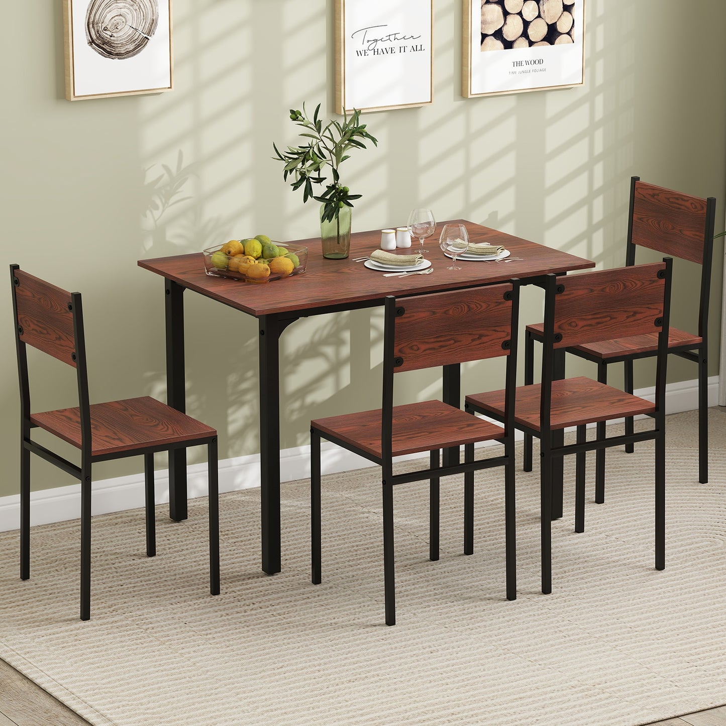 Modern 5 Piece Dining Table Set with Metal Frame and Wood Grain Finish - Walnut