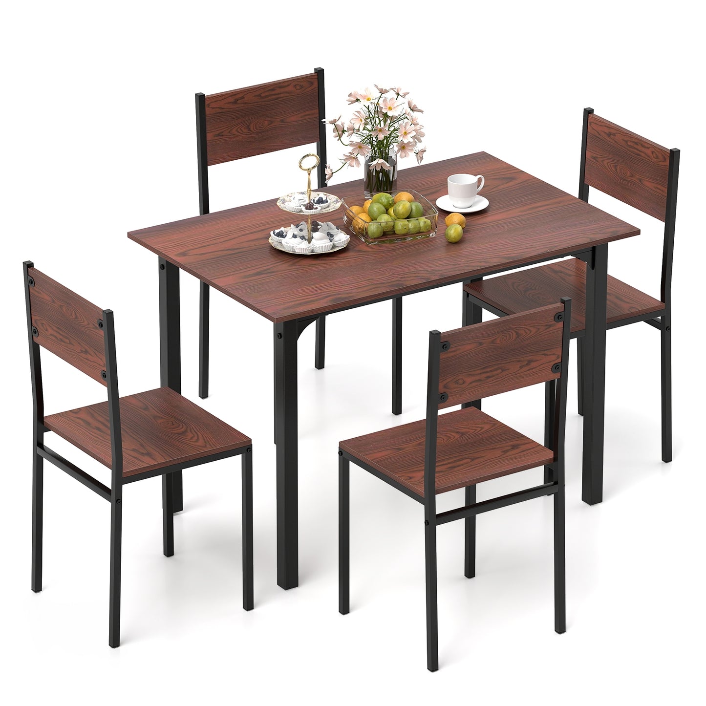 Modern 5 Piece Dining Table Set with Metal Frame and Wood Grain Finish - Walnut