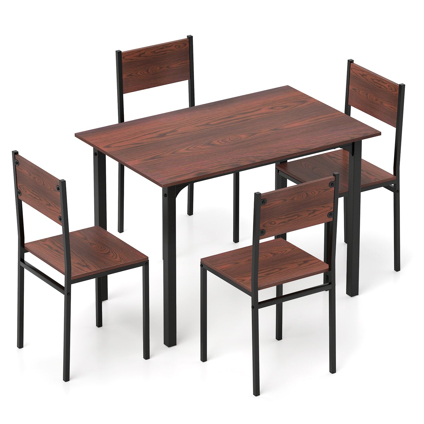 Modern 5 Piece Dining Table Set with Metal Frame and Wood Grain Finish - Walnut