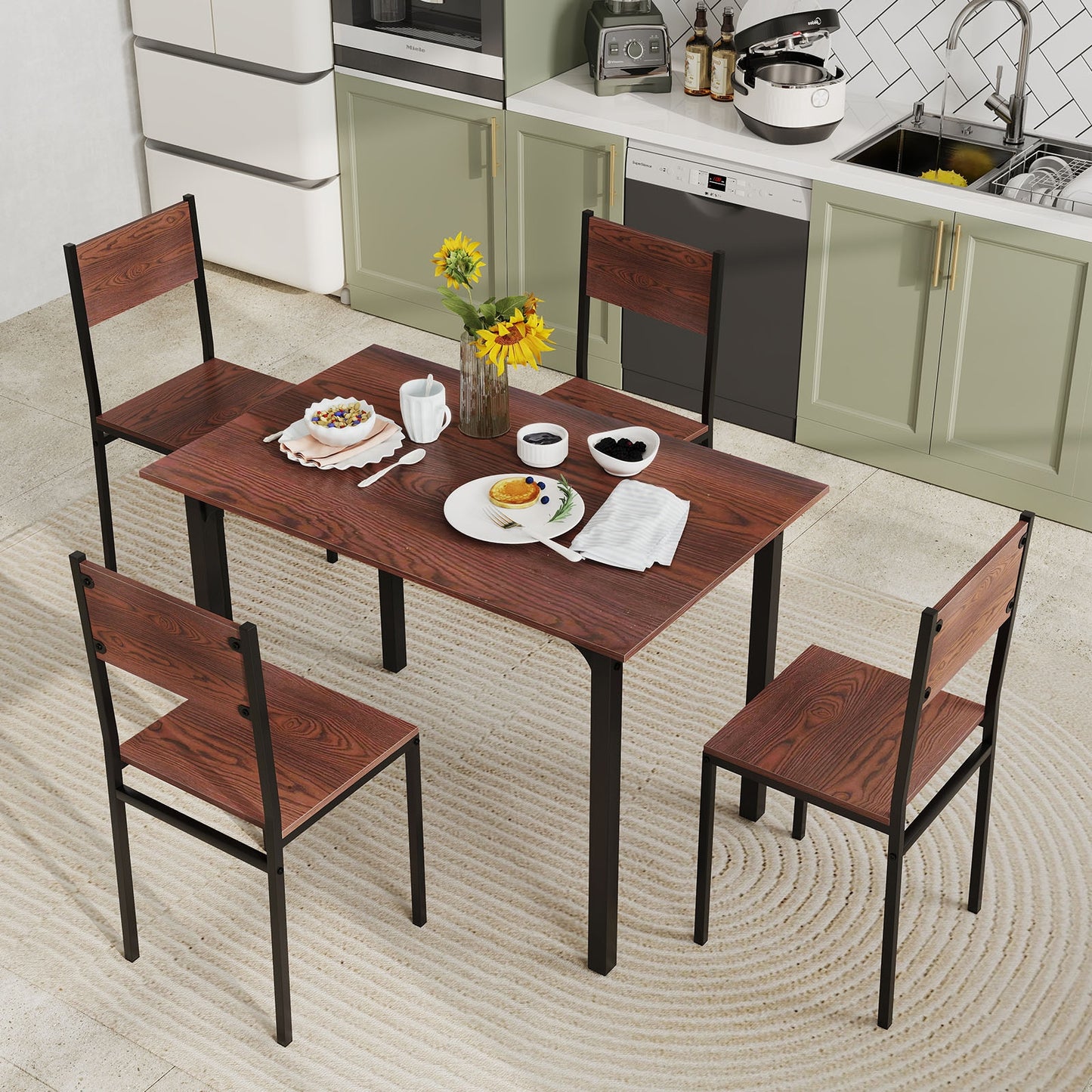Modern 5 Piece Dining Table Set with Metal Frame and Wood Grain Finish - Walnut