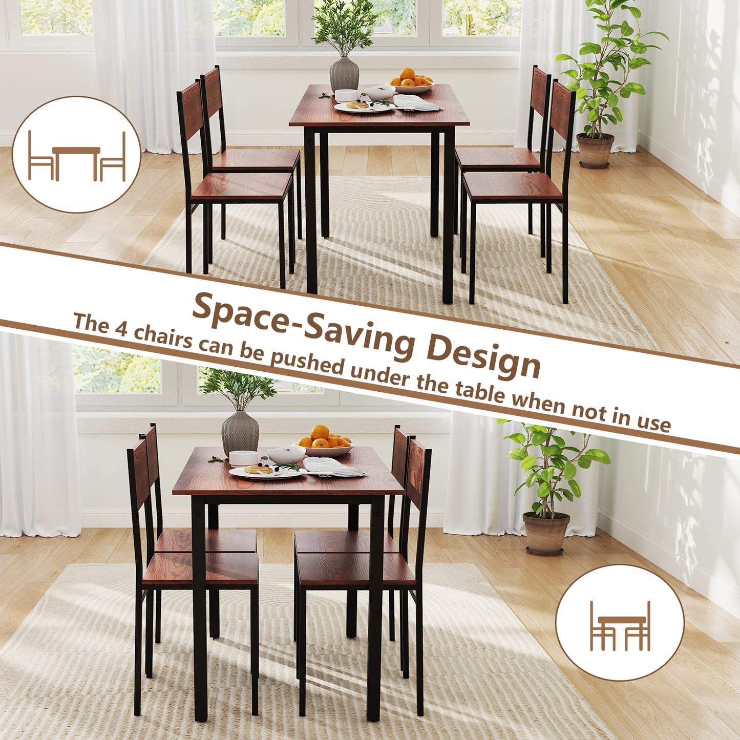 Modern 5 Piece Dining Table Set with Metal Frame and Wood Grain Finish - Walnut