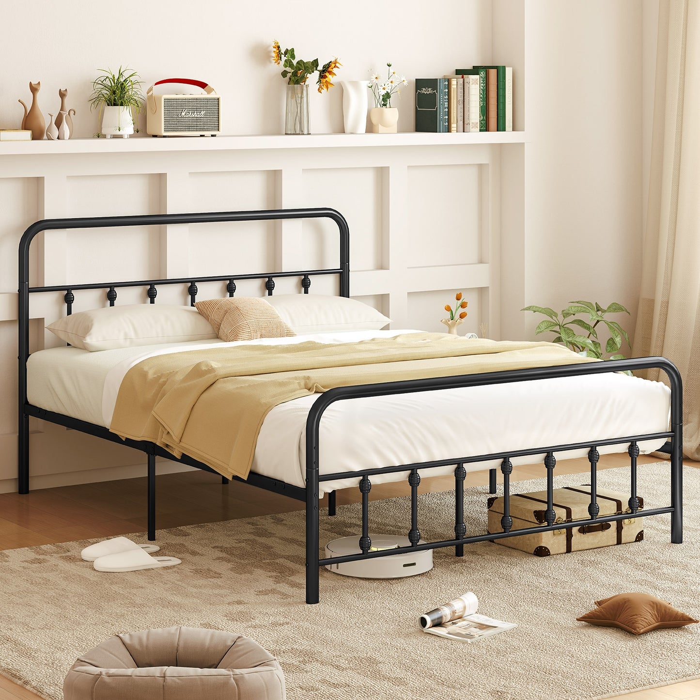 Victorian Style Metal Bed Frame with Headboard and 12.5" Underbed Storage – Queen Size