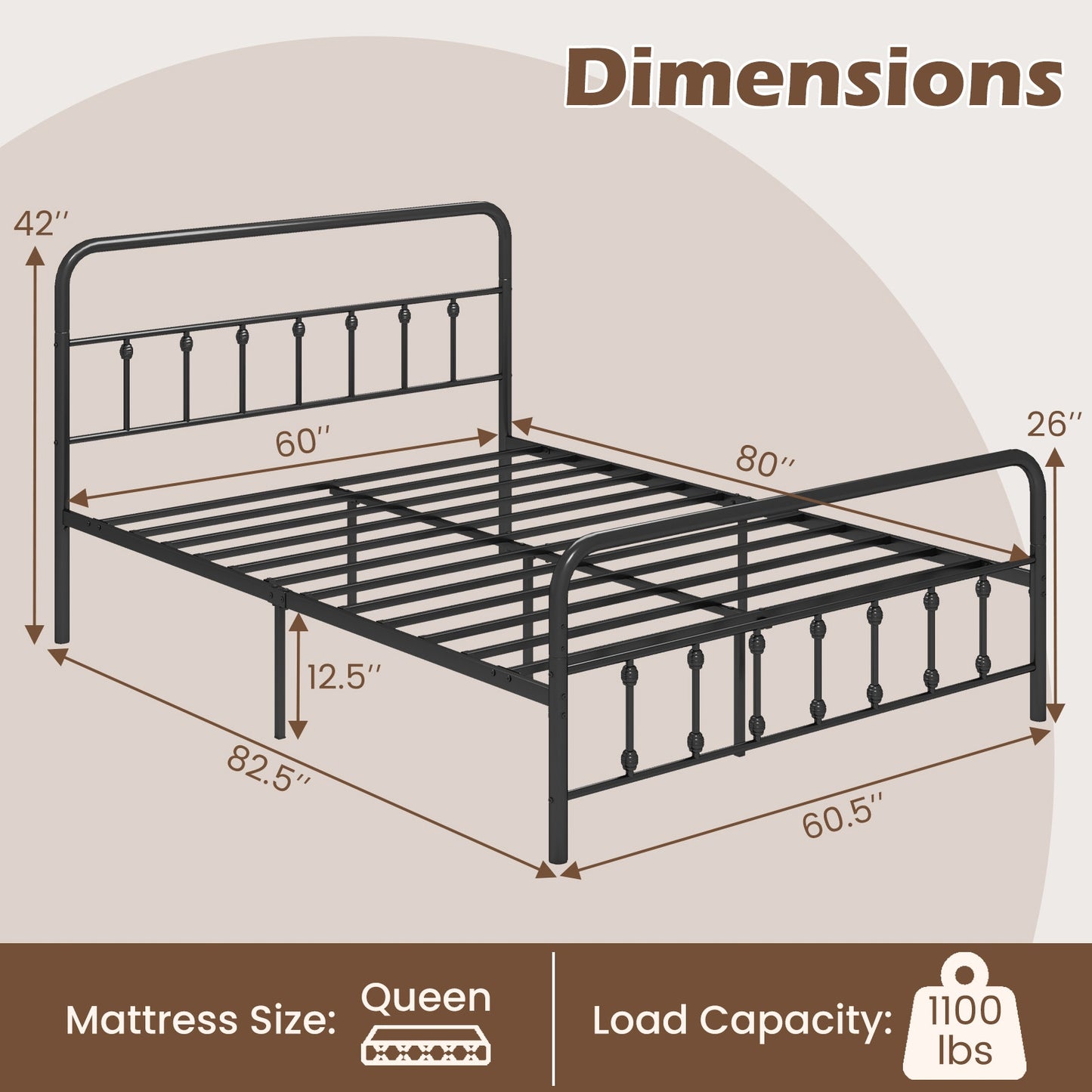 Victorian Style Metal Bed Frame with Headboard and 12.5" Underbed Storage – Queen Size
