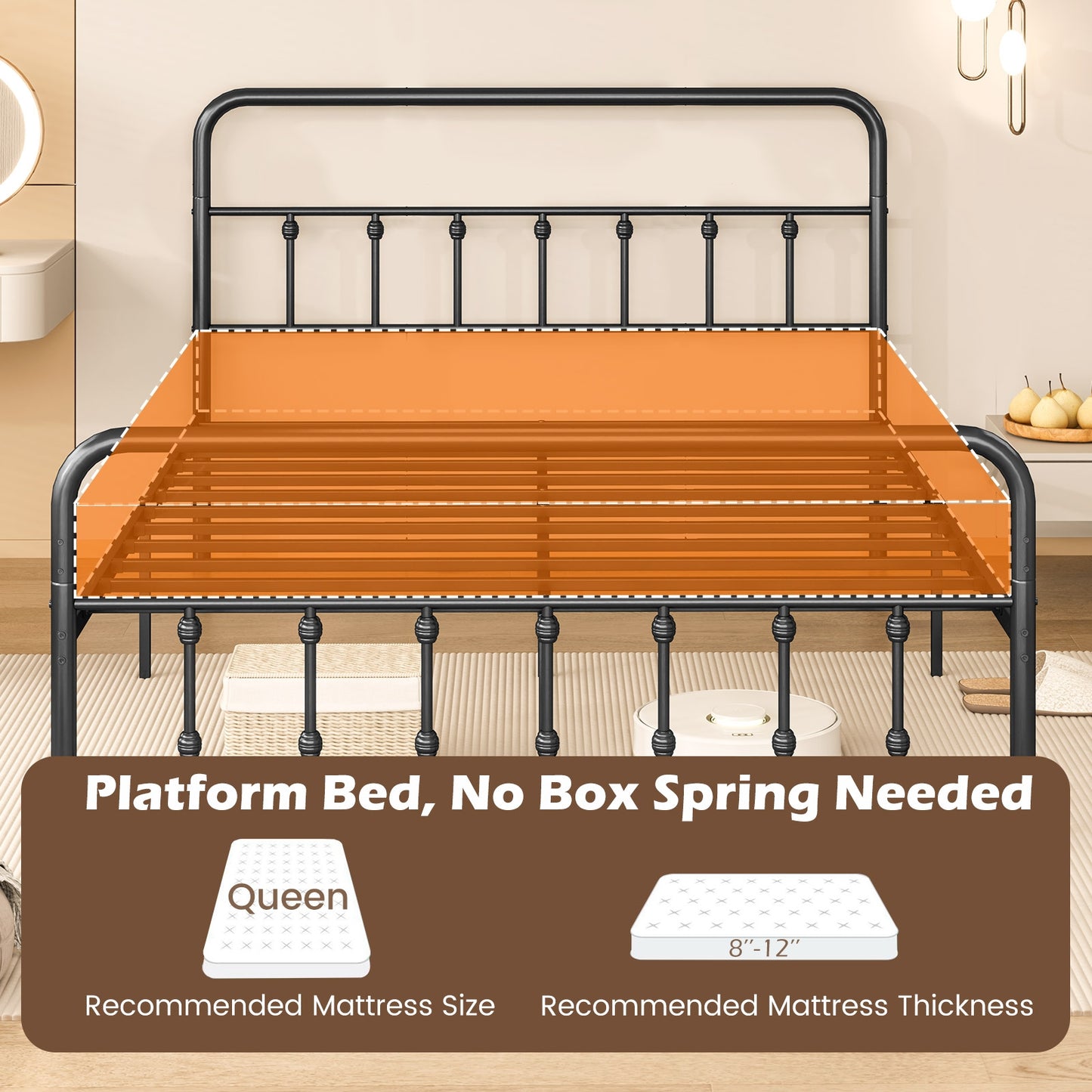 Victorian Style Metal Bed Frame with Headboard and 12.5" Underbed Storage – Queen Size
