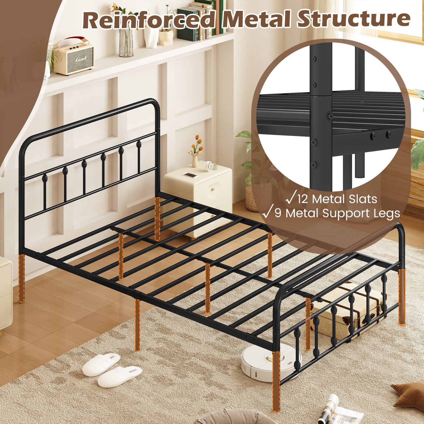 Victorian Style Metal Bed Frame with Headboard and 12.5" Underbed Storage – Queen Size