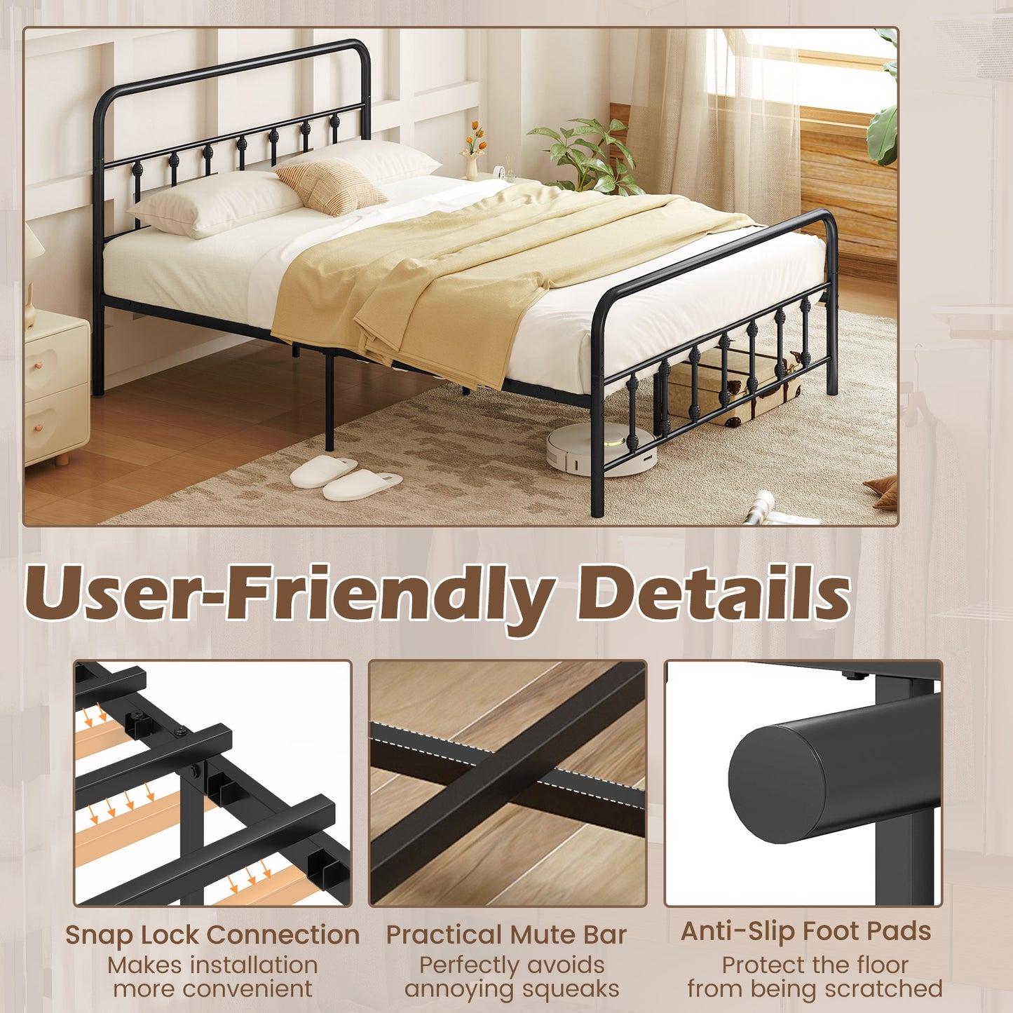 Victorian Style Metal Bed Frame with Headboard and 12.5" Underbed Storage – Queen Size