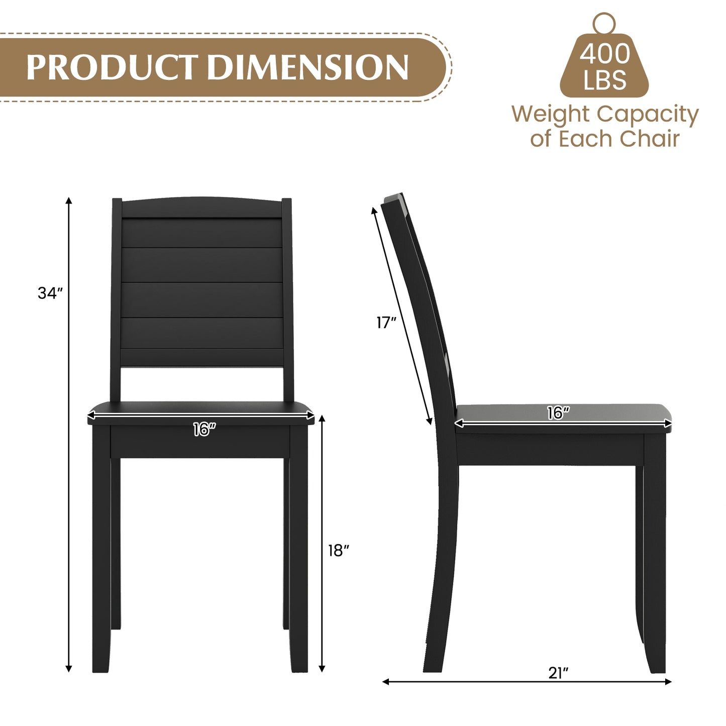 Set of 2 Modern Wood Dining Chairs Armless with Rubber Wood Legs – Black