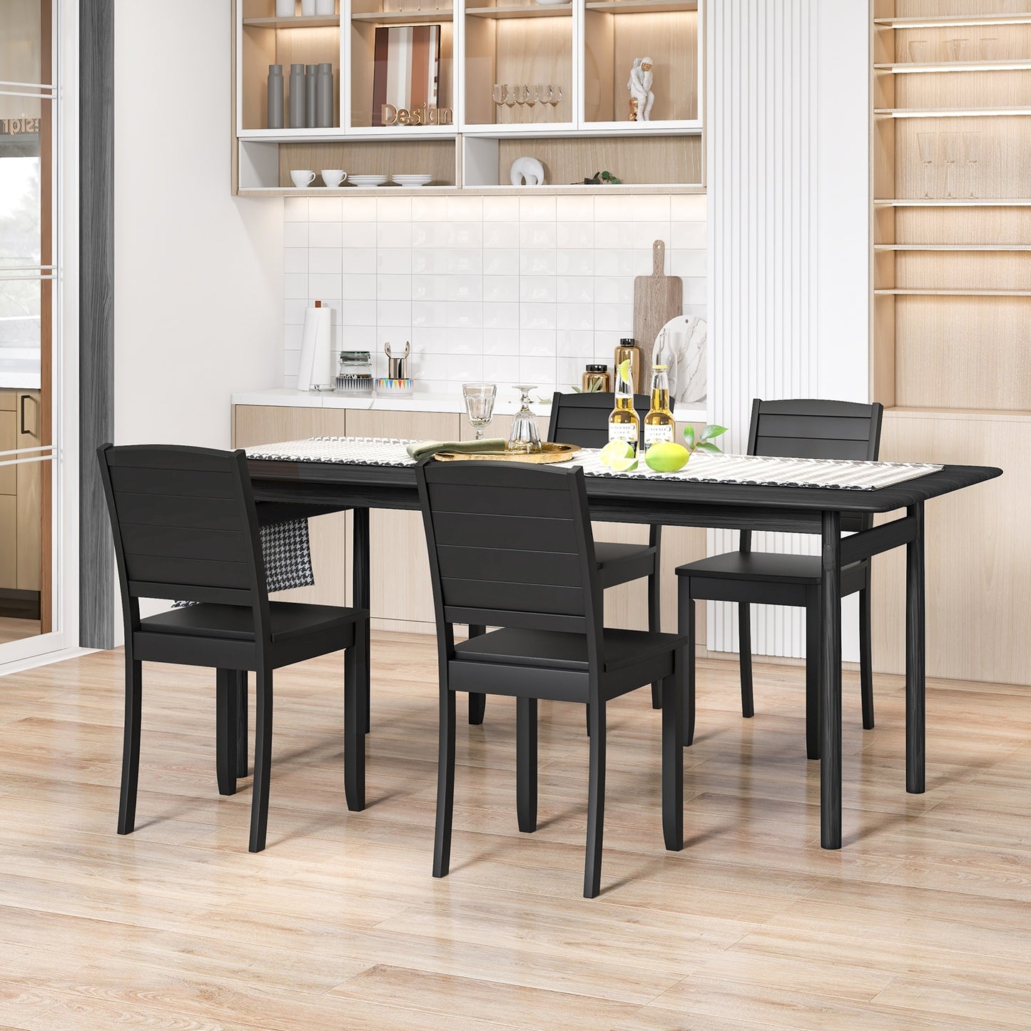 Set of 2 Modern Wood Dining Chairs Armless with Rubber Wood Legs – Black