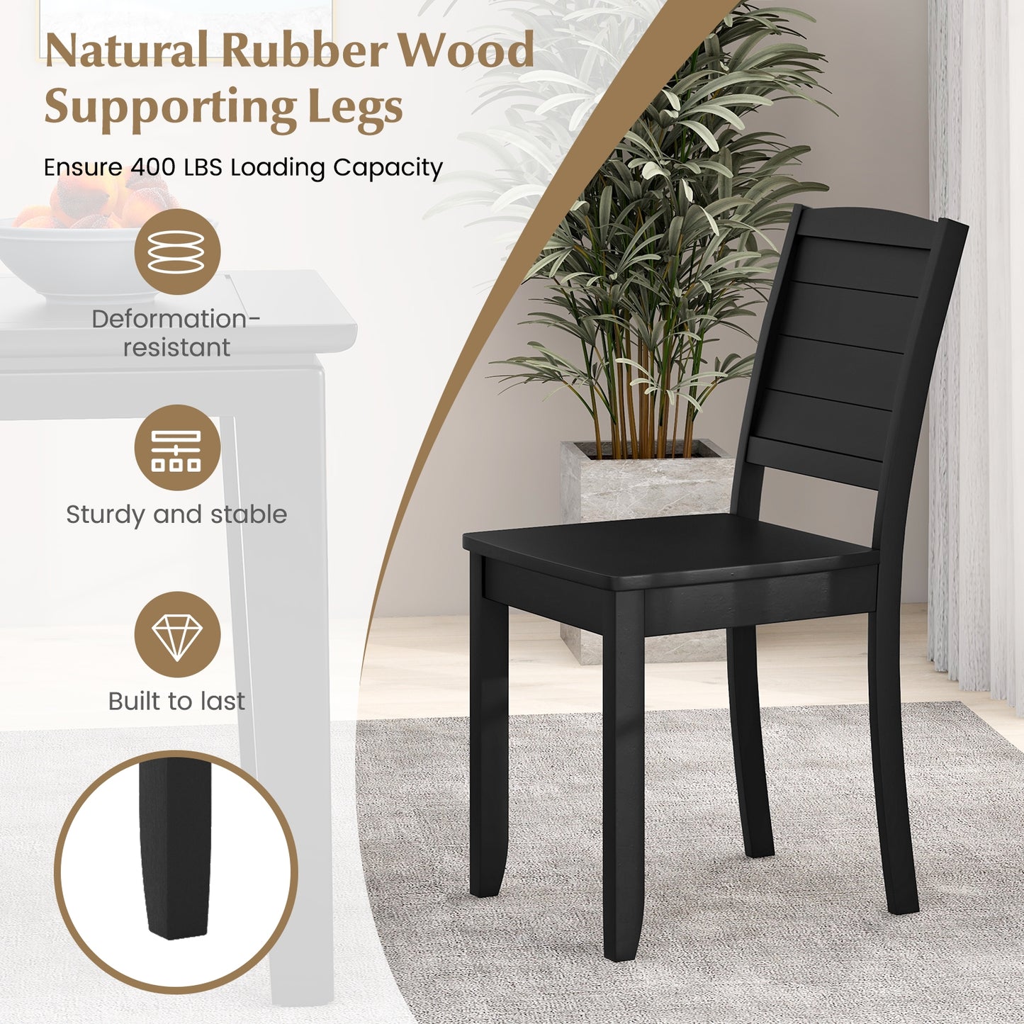 Set of 2 Modern Wood Dining Chairs Armless with Rubber Wood Legs – Black
