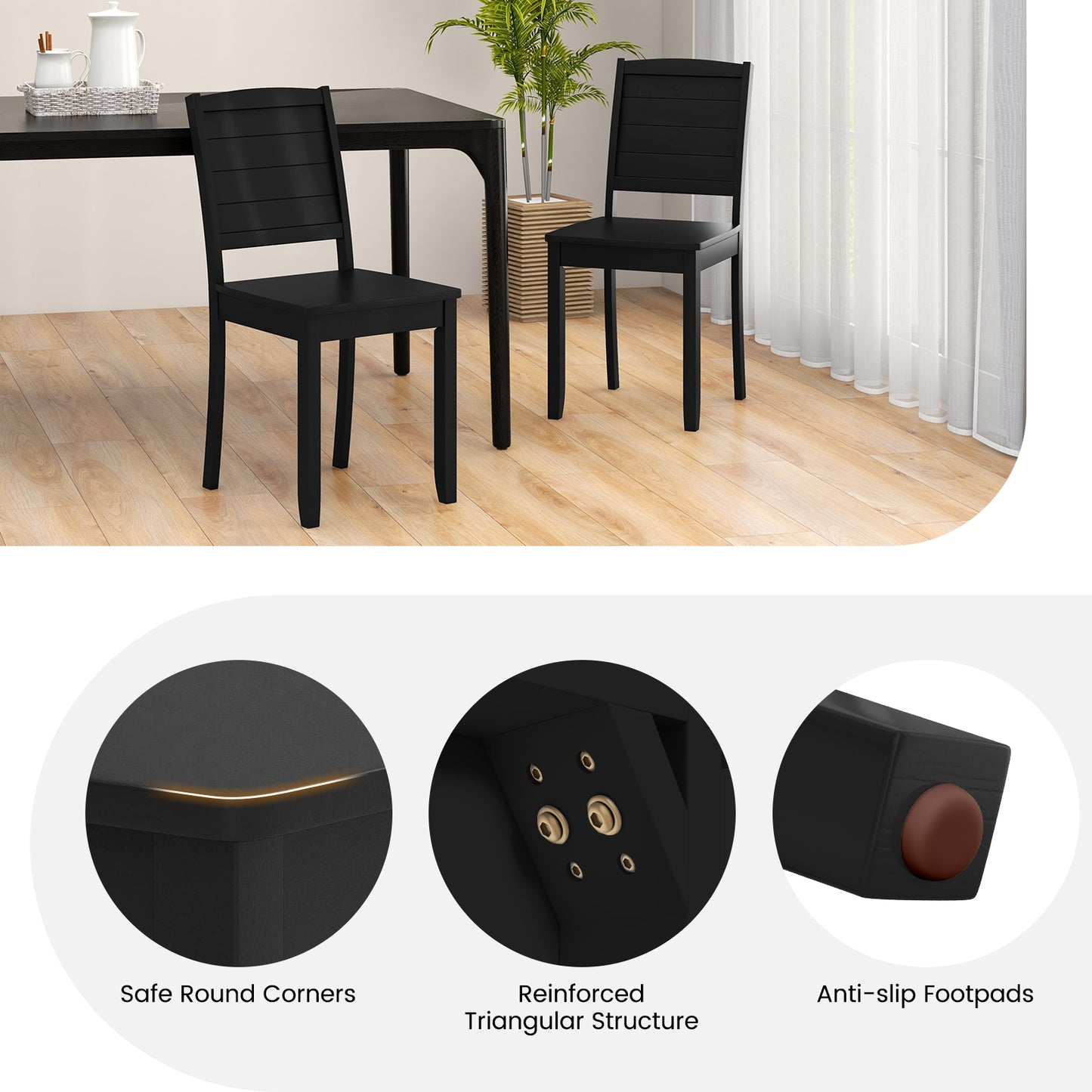 Set of 2 Modern Wood Dining Chairs Armless with Rubber Wood Legs – Black
