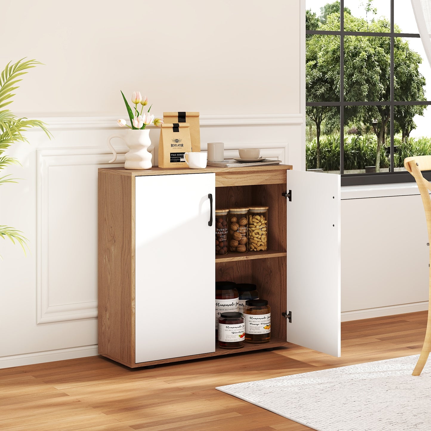 Modern Coffee Bar Sideboard with Adjustable Storage Shelf for Kitchen or Dining Space