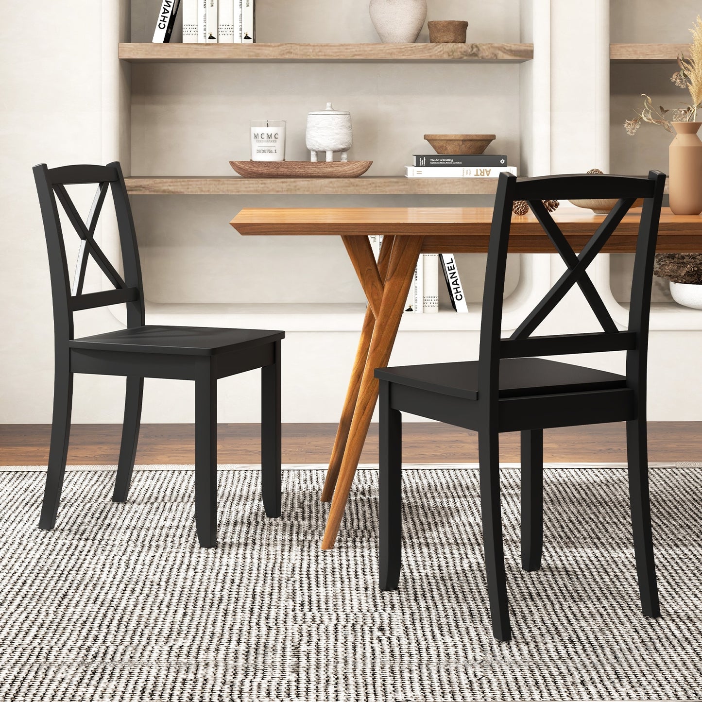 Set of 2 Wood Dining Chairs with Curved Backrest and Durable Rubber Wood Legs - Black