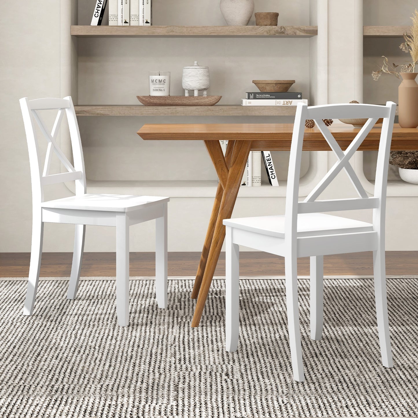 Set of 2 Wood Dining Chairs with Curved Backrest and Durable Rubber Wood Legs - White