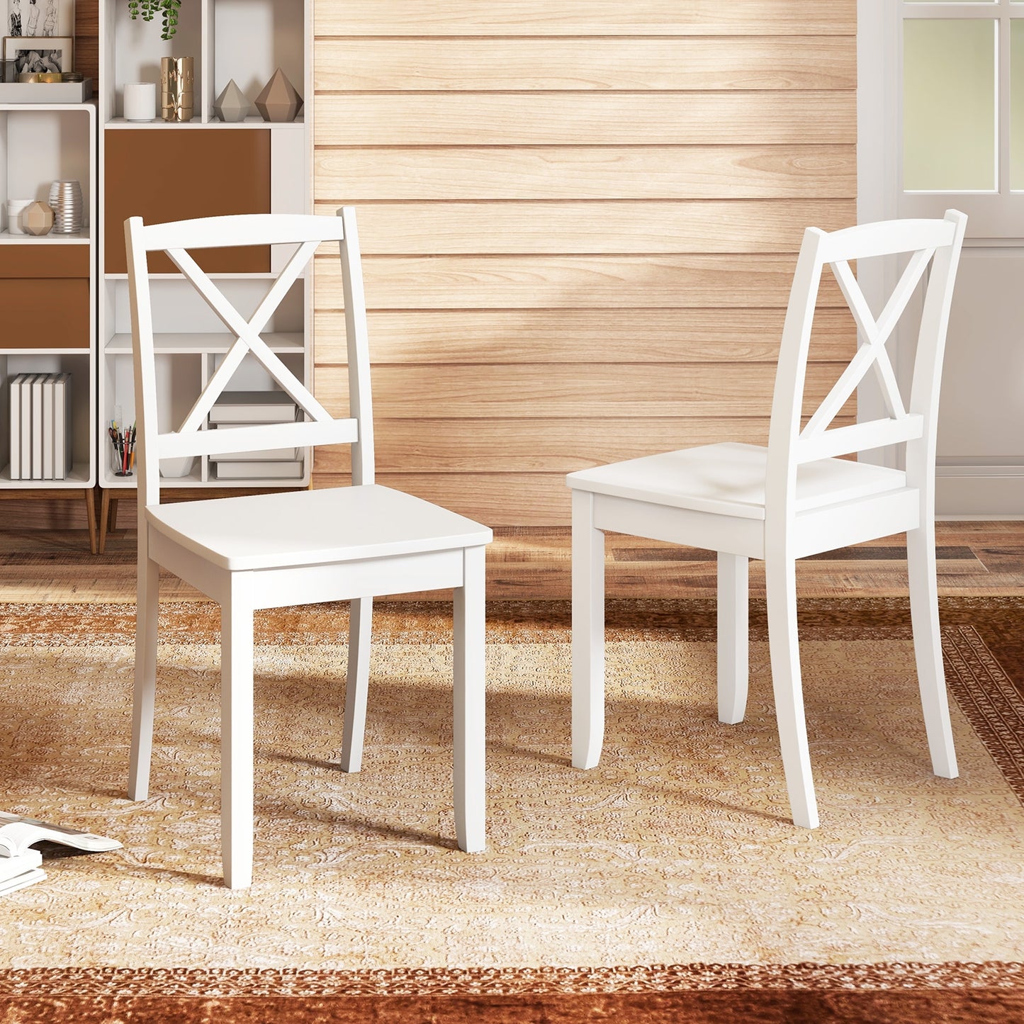 Set of 2 Wood Dining Chairs with Curved Backrest and Durable Rubber Wood Legs - White