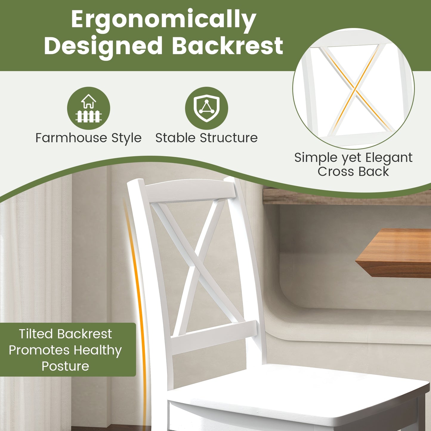Set of 2 Wood Dining Chairs with Curved Backrest and Durable Rubber Wood Legs - White