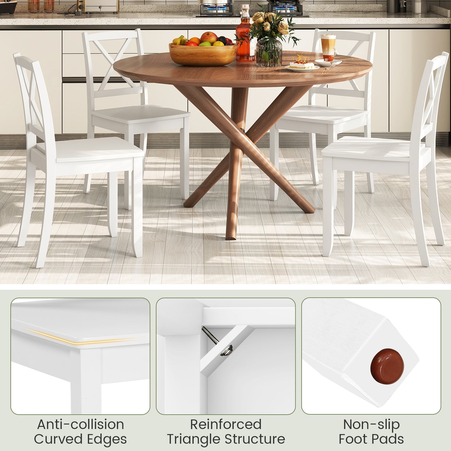 Set of 2 Wood Dining Chairs with Curved Backrest and Durable Rubber Wood Legs - White