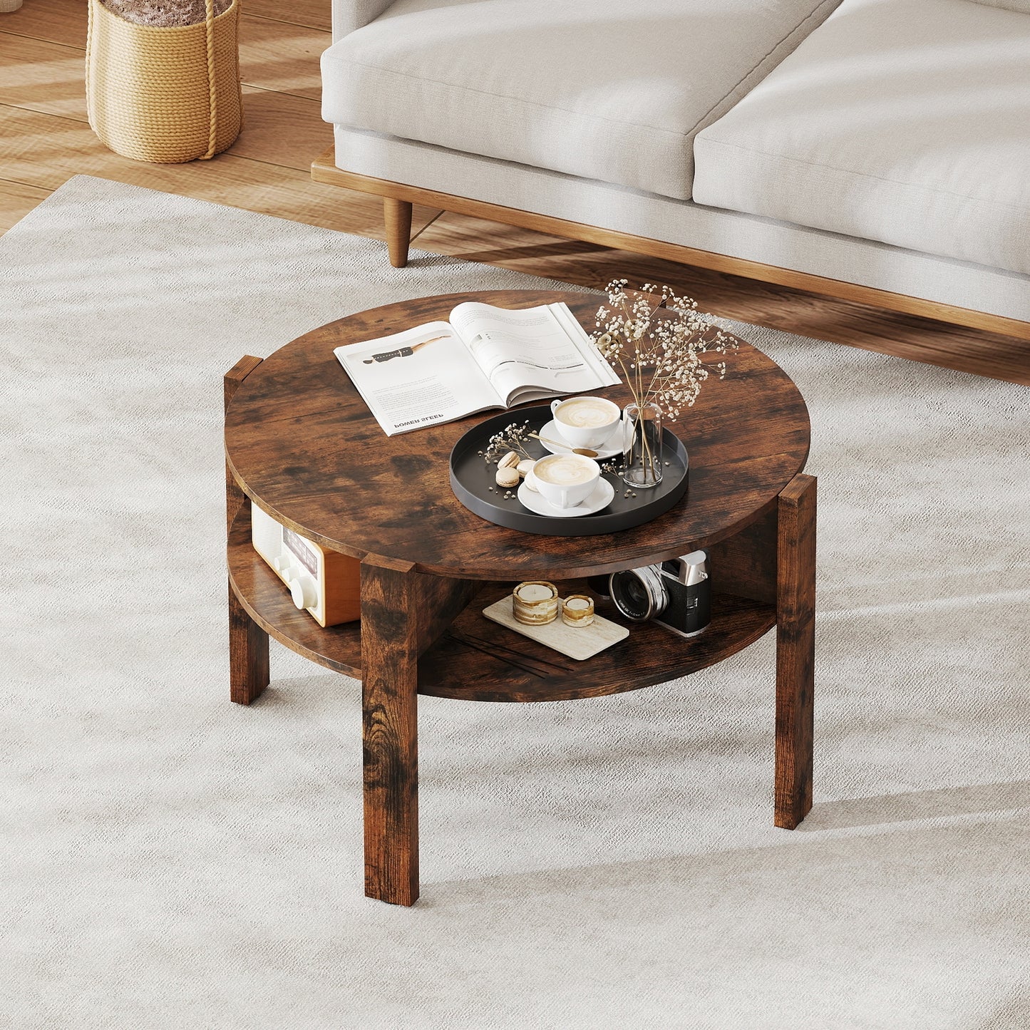 Round Coffee Table with Storage Shelves for Small Spaces - Rustic Brown