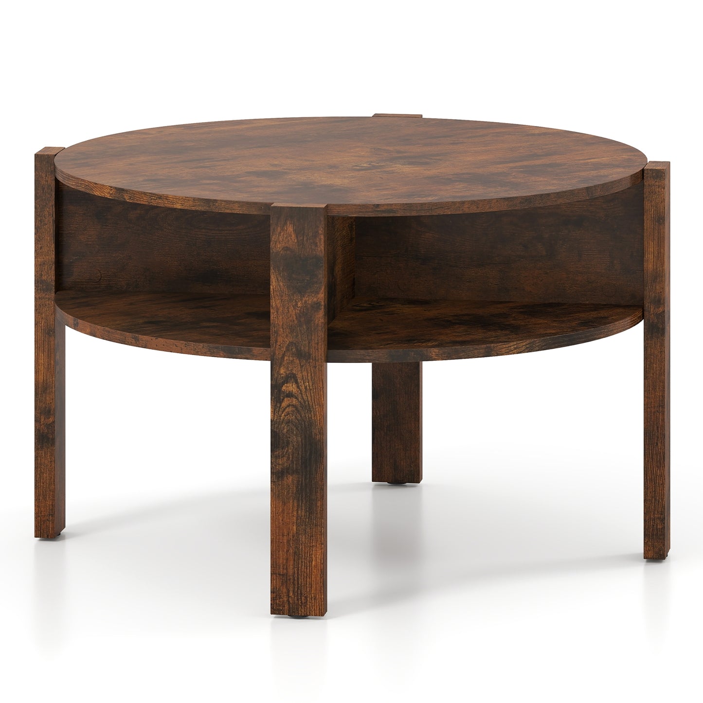 Round Coffee Table with Storage Shelves for Small Spaces - Rustic Brown
