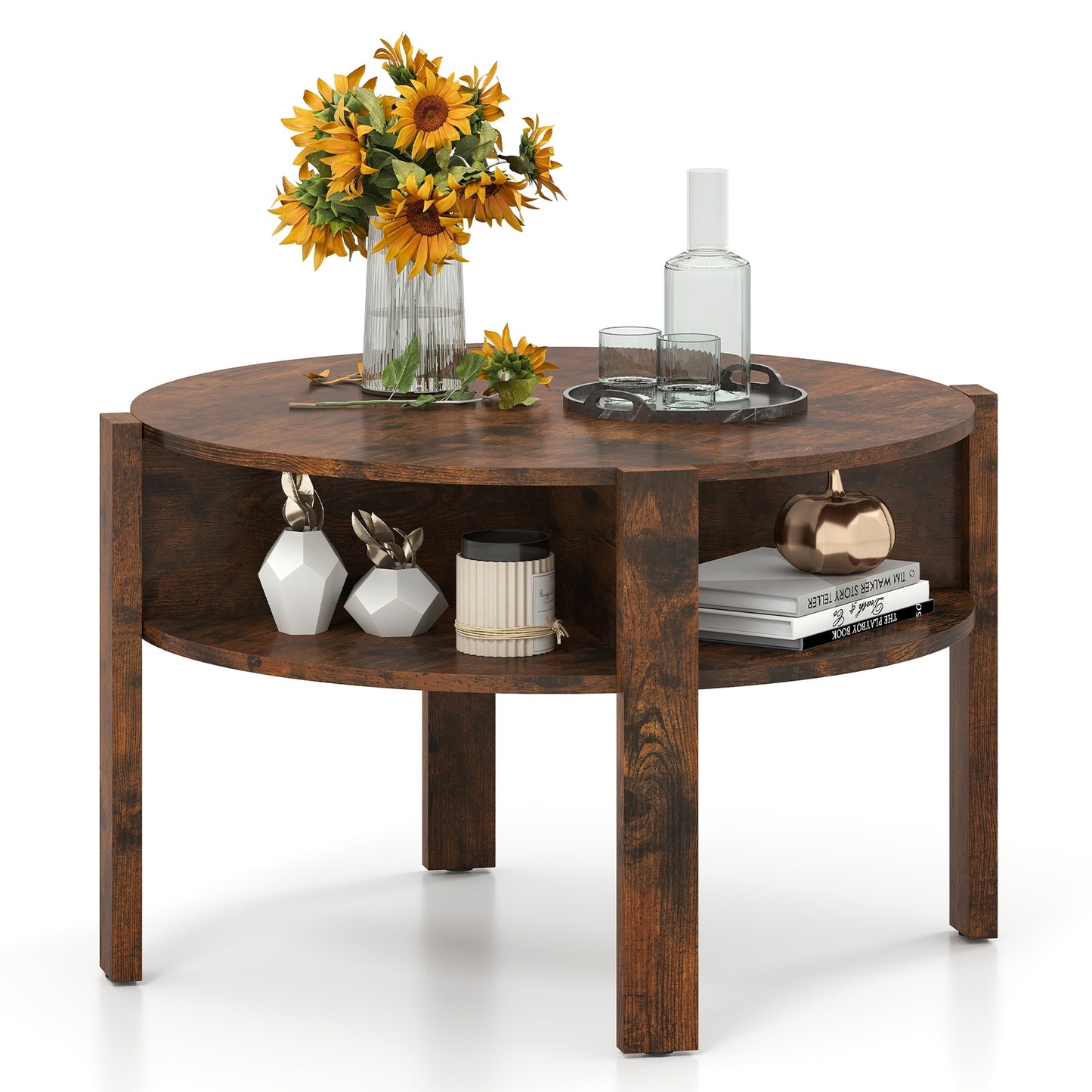 Round Coffee Table with Storage Shelves for Small Spaces - Rustic Brown