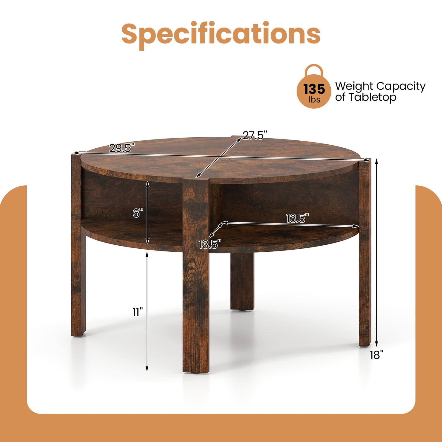 Round Coffee Table with Storage Shelves for Small Spaces - Rustic Brown