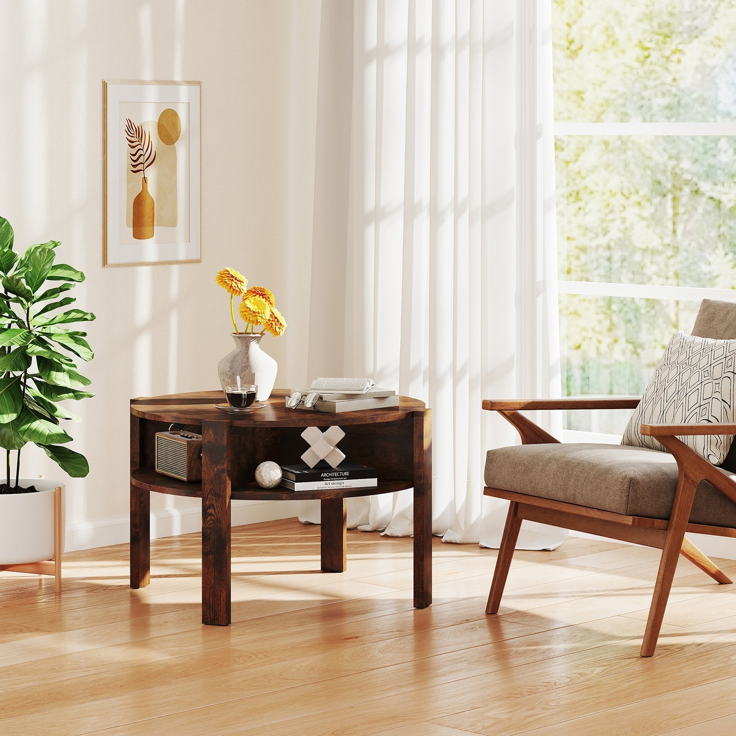 Round Coffee Table with Storage Shelves for Small Spaces - Rustic Brown