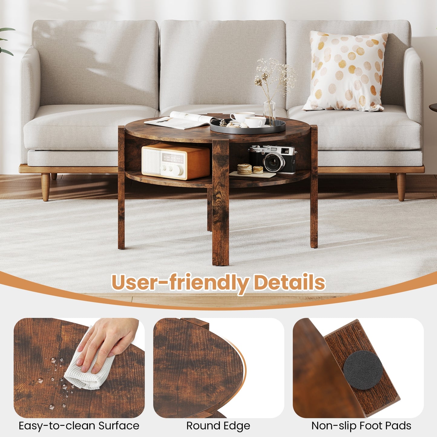 Round Coffee Table with Storage Shelves for Small Spaces - Rustic Brown