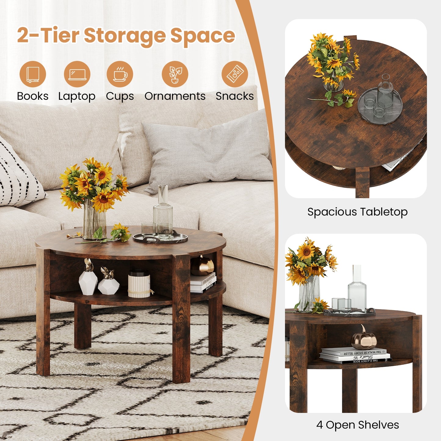 Round Coffee Table with Storage Shelves for Small Spaces - Rustic Brown