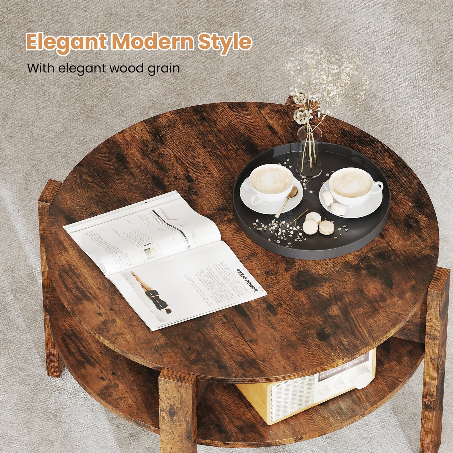 Round Coffee Table with Storage Shelves for Small Spaces - Rustic Brown