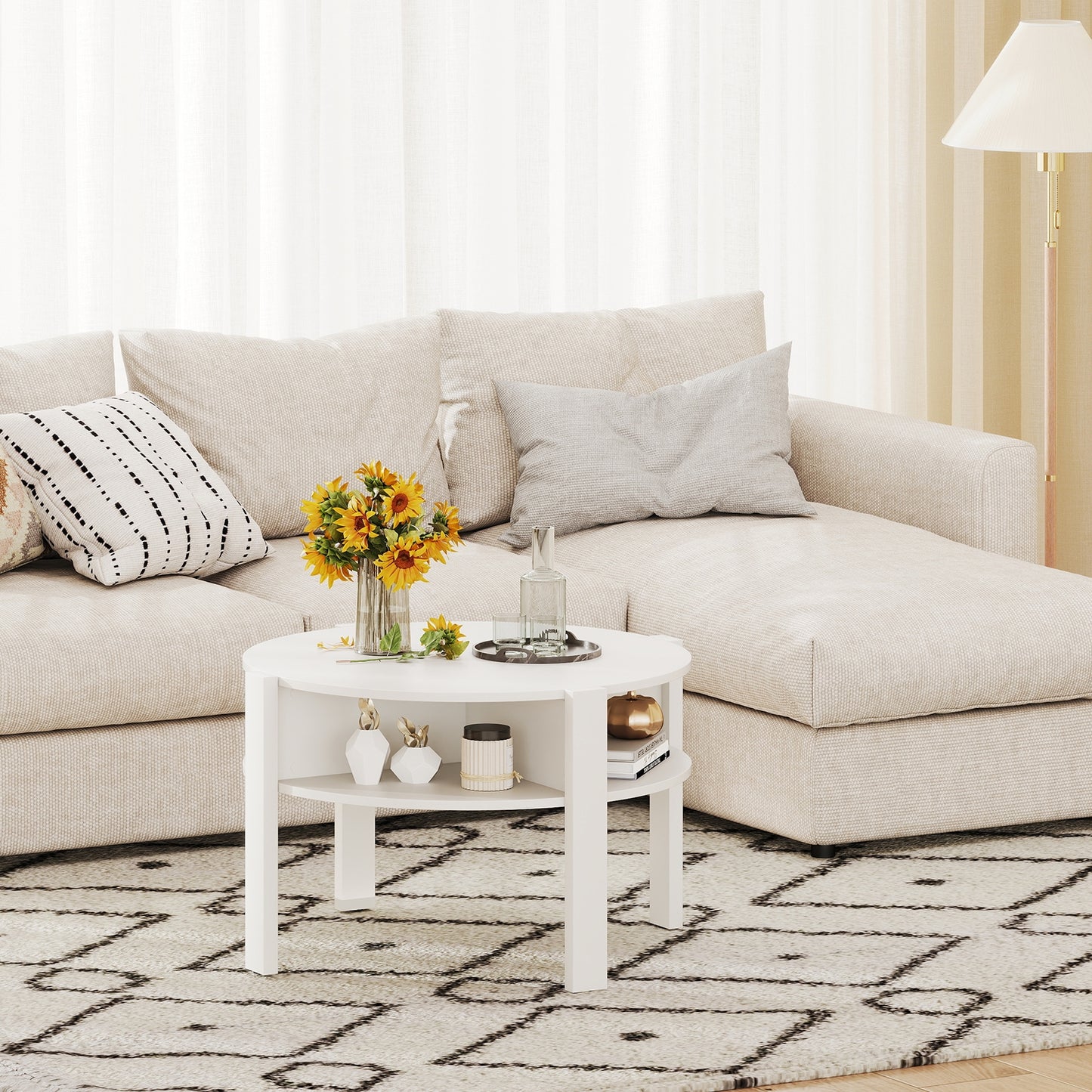 Round Coffee Table with Storage Shelves for Small Spaces - White